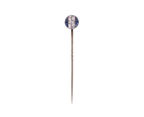 VAN CLEEF & ARPELS, AN ART DECO DIAMOND AND SAPPHIRE STICK PIN CIRCA 1930The circular panel set with eight cut diamonds and t