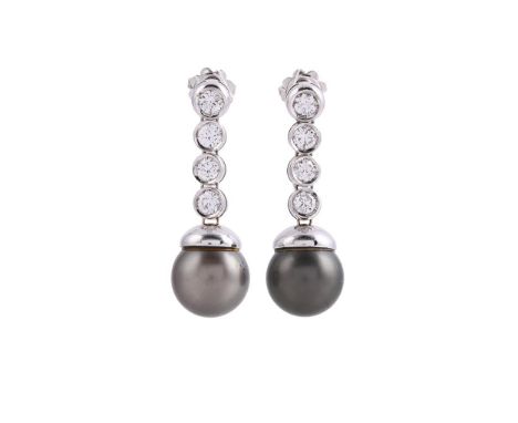 A PAIR OF TAHITIAN CULTURED PEARL AND DIAMOND EAR PENDANTSThe ear pendants with an articulated row of four brilliant cut diam