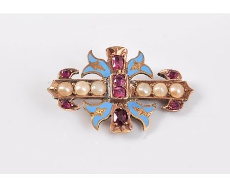 A late 19th/early 20th century ruby, pearl and enamel brooch, the oval and cushion cut rubies set with split pearls and pale 