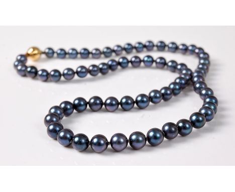 A cultured Tahitian pearl necklace, the uniform cultured pearls, approx. 6.4mm diameter, fitted with ball clasp stamped '375'