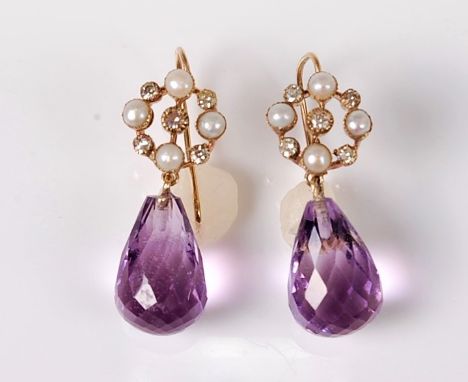 A pair of amethsyt, seed pearl and white hardstone earrings, briolette amethyst drops, 12.2mm long, surmounted by a disc set 