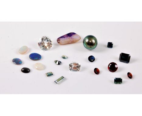 A quantity of loose mixed gemstones, to include sapphires, garnet, topaz, opal and a cultured pearl (20)   Condition Report /