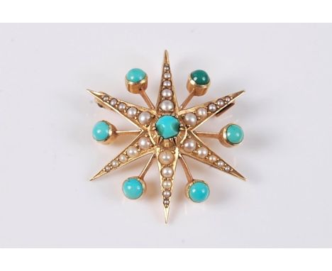 A late 19th century turquoise and pearl star pendant/brooch, the six pointed pearl set star set with central turquoise caboch