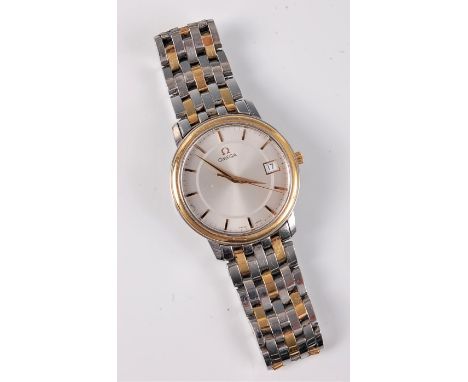 A gentleman's Omega wristwatch, the satin finish dial with gilt baton numerals, hands, seconds hands and calendar function, b