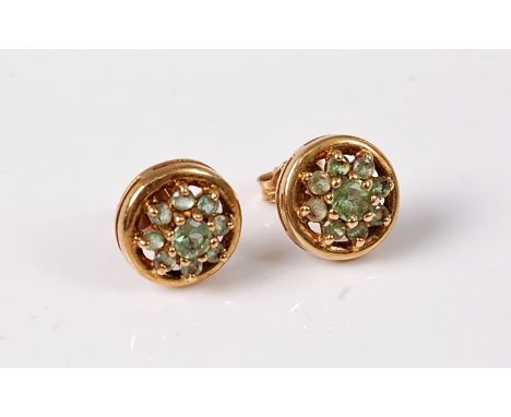 A pair of chrysoberyl cluster earstuds, the pale green chrysoberyl cluster claw set within an outer ring, set with posts for 