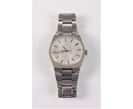 A 1970's gentleman's stainless steel Omega Automatic, the brushed steel face with baton numerals, black hands, seconds hand a