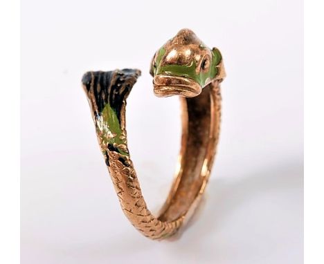 A 9ct and enamel sea serpent ring, the polychrome enamel sea serpent with head and tail curling round towards each other, hal