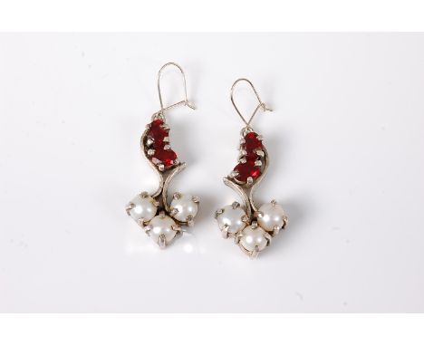 A pair of cultured pearl and red hardstone earrings, the three cultured pearls surmounted by two oval red hardstones, all set