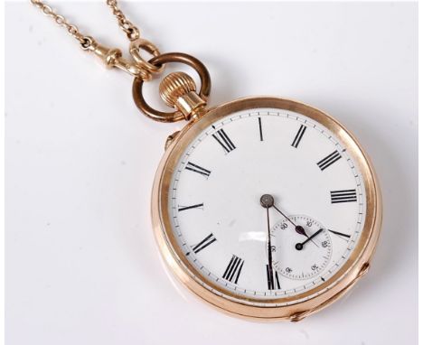A '14k' pocket watch and '9c' chain, the white enamel dial with black Roman numerals, hands and subsidiary seconds, case stam