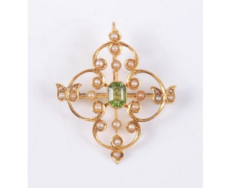 An 18ct peridot and seed pearl pendant/brooch, the octagonal peridot, approx. 6.6mm long, in millegrain collet, surrounded by