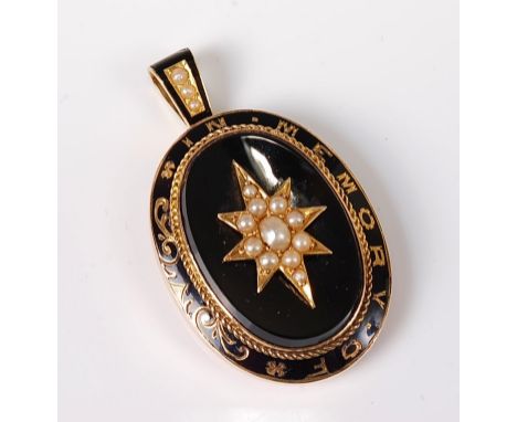 A 19th century memorial pendant, the oval black enamel pendant, set to centre with a seed pearl star in a surround of yellow 