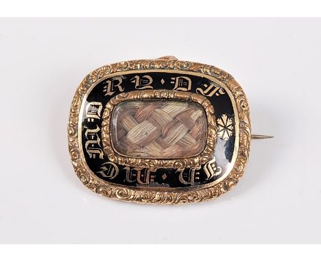 A 19th century memorial hairwork brooch, the rectangular brooch with central glazed panel containing plaited hairwork, with t