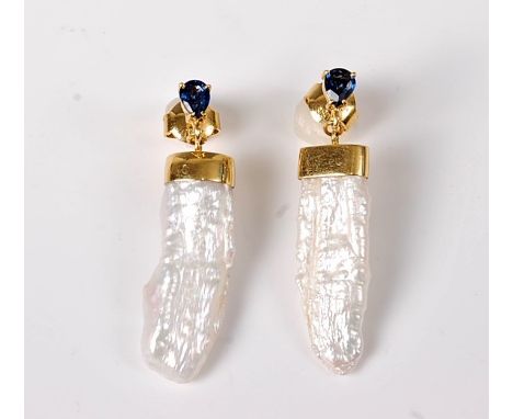 A pair of 18ct sapphire and keshi pearl earrings, the keshi pearl drops, approx. 28mm long, cap mounted and surmounted by a p