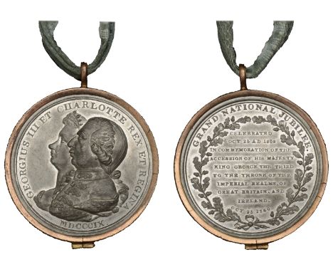 George III, National Jubilee, 1809, a white metal medal, unsigned [by P. Kempson?], conjoined busts of George III and Charlot