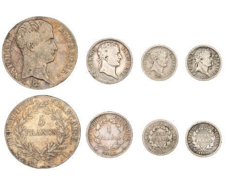 France, Napoleon I (as First Consul), 5 Francs, AN 13l, Bayonne (Gad. 580; KM. 662.9); Franc, 1807a, Paris (Gad. 446; KM. 682