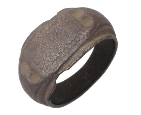 Roman, 3rd cent., a silver Ring, 2.1cm diameter, flat rectangular bezel with stamped pellet border, letters API in centre, D-