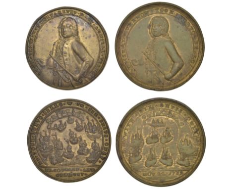Capture of Portobello, 1739, pinchbeck medals (2), unsigned, three-quarter length figure of Admiral Vernon left, revs. ships 