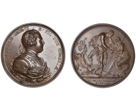 Battle of Culloden, 1746, a copper medal by R. Yeo, armoured bust of the Duke of Cumberland right, rev. Cumberland, as Hercul