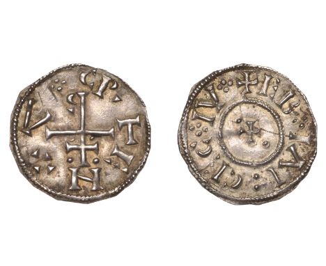 Danes of York, Cnut, Penny, cnvt rex around patriarchal cross, inverted r on base of cross, rev. eb iai cec iv, small cross f