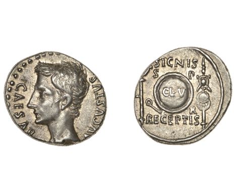 Roman Imperial Coinage, Augustus, Denarius, 19-15, Colonia Patricia, bust left, rev. signis receptis, shield inscribed cl v, 