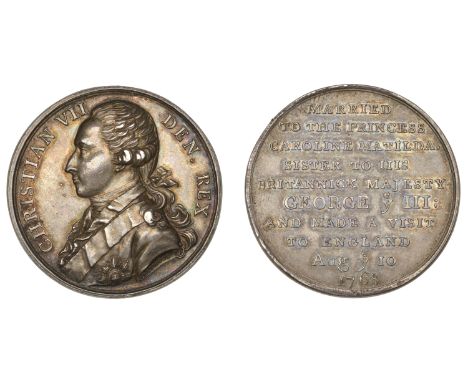 Christian VII of Denmark, Visit to England, 1768, a silver medal by J. Westwood, bust left, rev. legend in ten lines, 37mm, 1