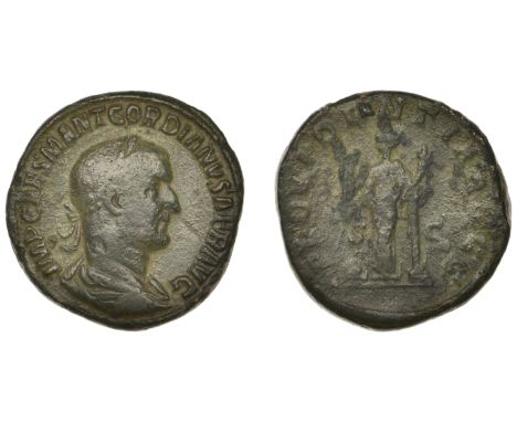 Roman Imperial Coinage, Gordian I, Sestertius, 238, laureate and draped bust right, rev. Providentia leaning on column, holdi