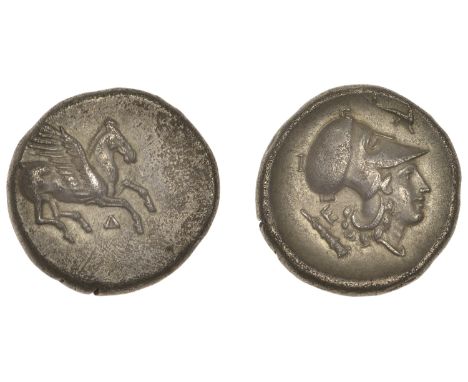 Greek Coinages, ILLYRIA, Dyrrhachion, Stater, c. 350-300, Pegasus flying right, δ below, rev. helmeted head of Athena right, 