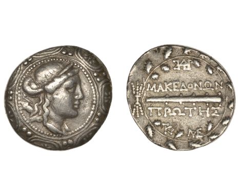 Greek Coinages, MACEDONIA, First Meris, Tetradrachm, Amphipolis, c. 158-150, diademed head of Artemis right, bow and quiver o