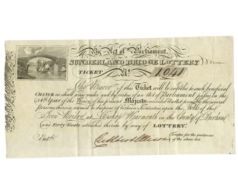 Grand Sunderland Bridge Lottery, 1816, an original ticket, No.1041, signed by Cuthbert Ellison on behalf of the Trustees, vig
