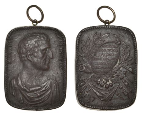 Victories in the Peninsular War, 1812, a rectangular wooden medal by W. Turnpenny, draped bust of Wellington right, rev. list