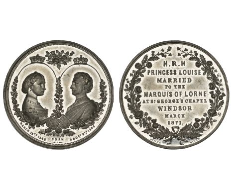 Marriage of Princess Louise and the Marquis of Lorne, 1871, a white metal medal by T. Ottley, busts vis-à-vis within garlande