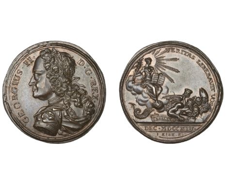 Rebels Retreat to Scotland, 1745, a copper medal by J. Kirk, laureate, armoured and draped bust of George II left, rev. Truth