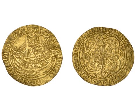 Edward III (1327-1377), Pre-Treaty period, Half-Noble, series B/A mule, mm. cross pattée, ropes 3/3, quatrefoils 3/3, annulet