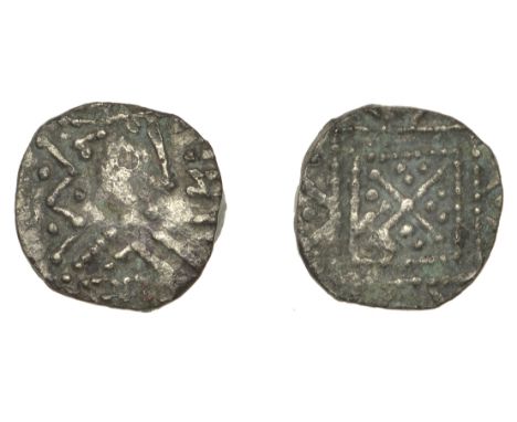 Early Anglo-Saxon Period, Sceatta, Eclectic series, type R/51 mule, bust right with pyramidal neck, runes in front, rev. doub