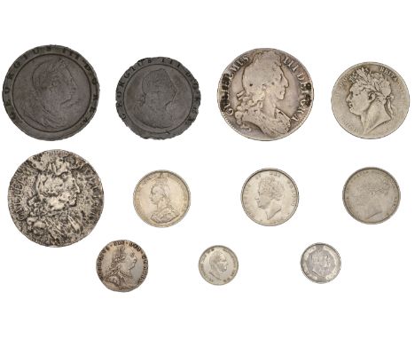 William III, Crown, 1696 octavo, third bust (S 3472); George III, Sixpence, 1787, no hearts (S 3748); George IV, Halfcrown, 1