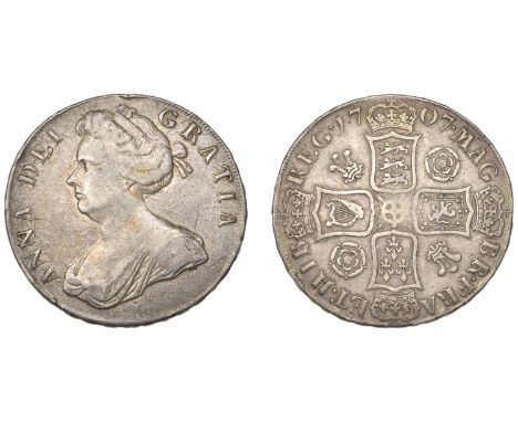 Anne (1702-1714), Crown, 1707, roses and plumes, edge sexto (ESC 1343; S 3578). A few light scratches, otherwise good fine, t