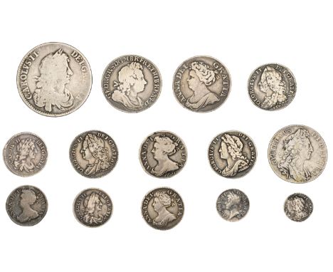 Charles II to George II, Halfcrown, 1670 vicesimo secvndo, v over s in carolvs (?), e over r in et; Shillings (3), 1697b, 171