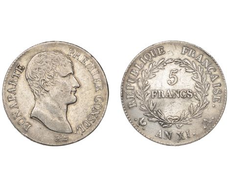 France, Napoleon (as First Consul), 5 Francs, AN XIa, Paris (Gad. 577; KM. 650.1). Some contact marks, otherwise about very f