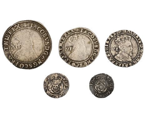 James I, Third coinage, Halfgroat, mm. trefoil, 0.91g/6h (N 2127; S 2671); together with other James I coins (4), viz. Shilli