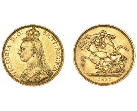 Victoria (1837-1901), Two Pounds, 1887, small initials (Hill T25; S 3865). Vertical die break commencing at the Queen’s eye, 