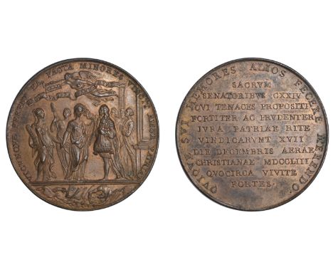 Irish Surplus Revenue Dispute, 1753, a copper medal, unsigned, Speaker of the Irish Parliament placing cap of liberty on Hibe