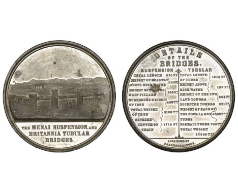 Completion of the Britannia Tubular Bridge over the Menai Strait, 1850, a white metal medal by Allen & Moore for J. Aronson, 