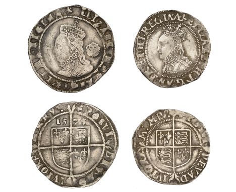 Elizabeth I, Second issue, Groat, mm. cross-crosslet, 1.81g/8h; Fourth issue, Sixpence, 1575, mm eglantine, 2.96g/3h (N 1986,