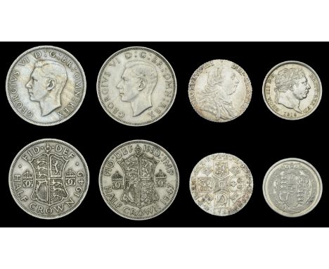 George III, Shillings (2), 1787 hearts, 1816 (S 3746, 3790); together with George VI Halfcrowns (2), 1947, 1949 [2]. Very fin