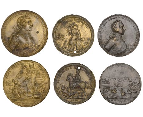 PRUSSIA, Capture of Prague, 1757, a brass medal, unisgned [by J.G. Holtzhey], 48mm; Capture of Breslau, 1757, a brass medal, 