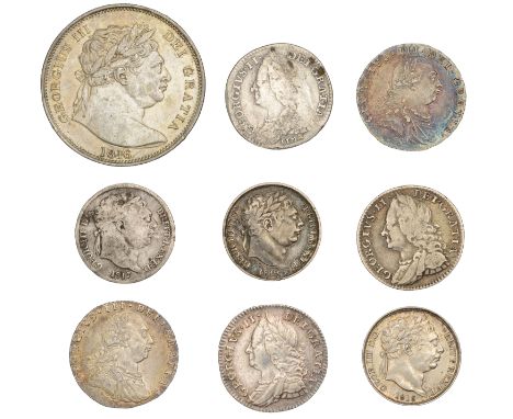 George II, Sixpences (3), 1746 lima, 1757, 1758 (S 3710A, 3711); George III, Halfcrown, 1816, Sixpences (5), 1787 (2), 1816, 