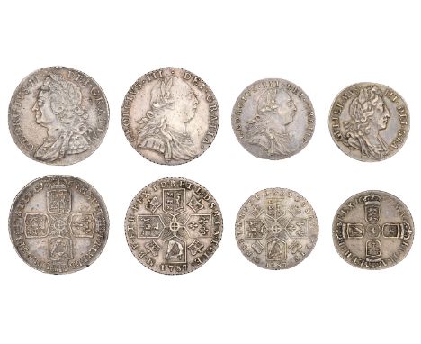 William III, Sixpence, 1697, large crowns (S 3538); George II, Shilling, 1758 (S 3704); George III, Shilling and Sixpence,  b