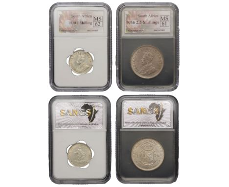 South Africa, George V, Halfcrown, 1936, Shilling, 1930 (Hern S205, S287; KM. 17.2, 19.3) [2]. First extremely fine, second a