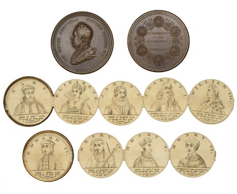 Chronology of the Sovereigns of England, 1814, a copper box medal, unsigned and undated, bust of the Prince Regent left, rev.