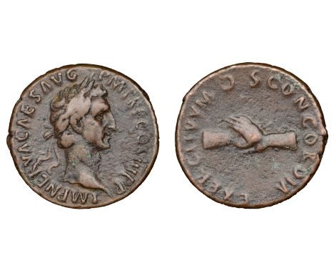 Roman Imperial Coinage, Nerva, As, 97, laureate bust right, rev. clasped hands, 11.08g (RIC 95; BMC 141; RCV 3061). A few lig